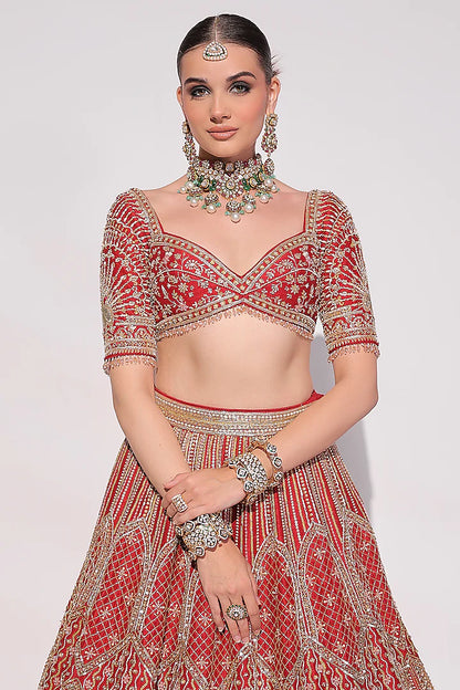 Deep Red Raw Silk Sequins & Zardosi Embroidered Lehenga Set