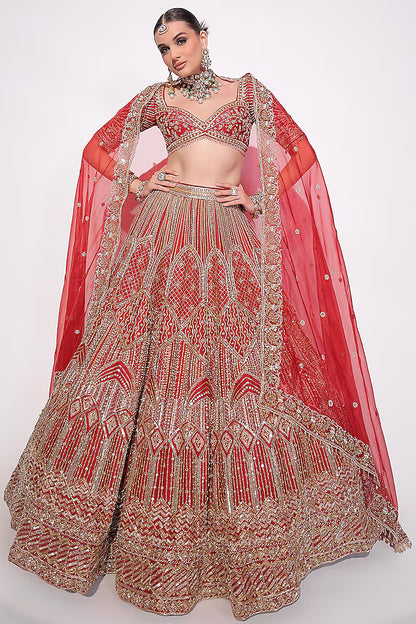 Deep Red Raw Silk Sequins & Zardosi Embroidered Lehenga Set