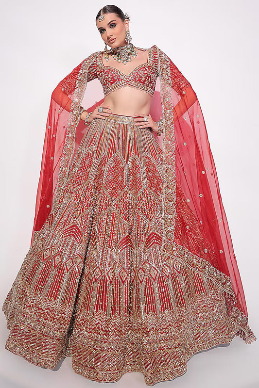 Deep Red Raw Silk Sequins & Zardosi Embroidered Lehenga Set