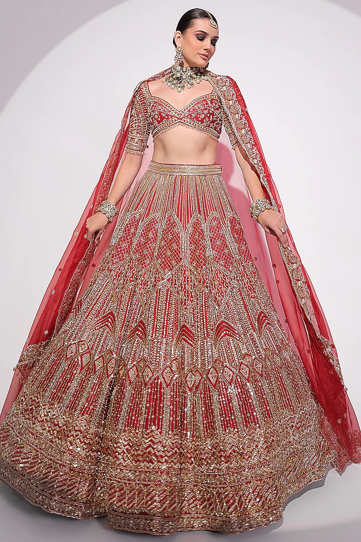 Deep Red Raw Silk Sequins & Zardosi Embroidered Lehenga Set