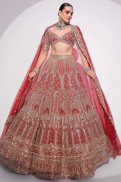Deep Red Raw Silk Sequins & Zardosi Embroidered Lehenga Set
