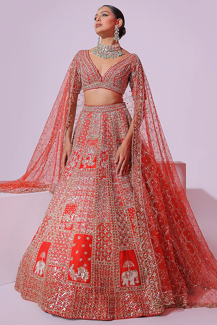 Burnt Orange Raw Silk Sequins & Crystal Embroidered Lehenga Set