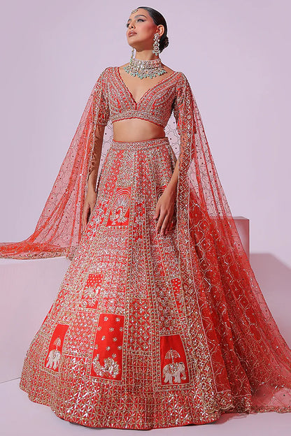 Burnt Orange Raw Silk Sequins & Crystal Embroidered Lehenga Set