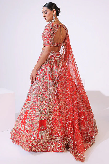 Burnt Orange Raw Silk Sequins & Crystal Embroidered Lehenga Set