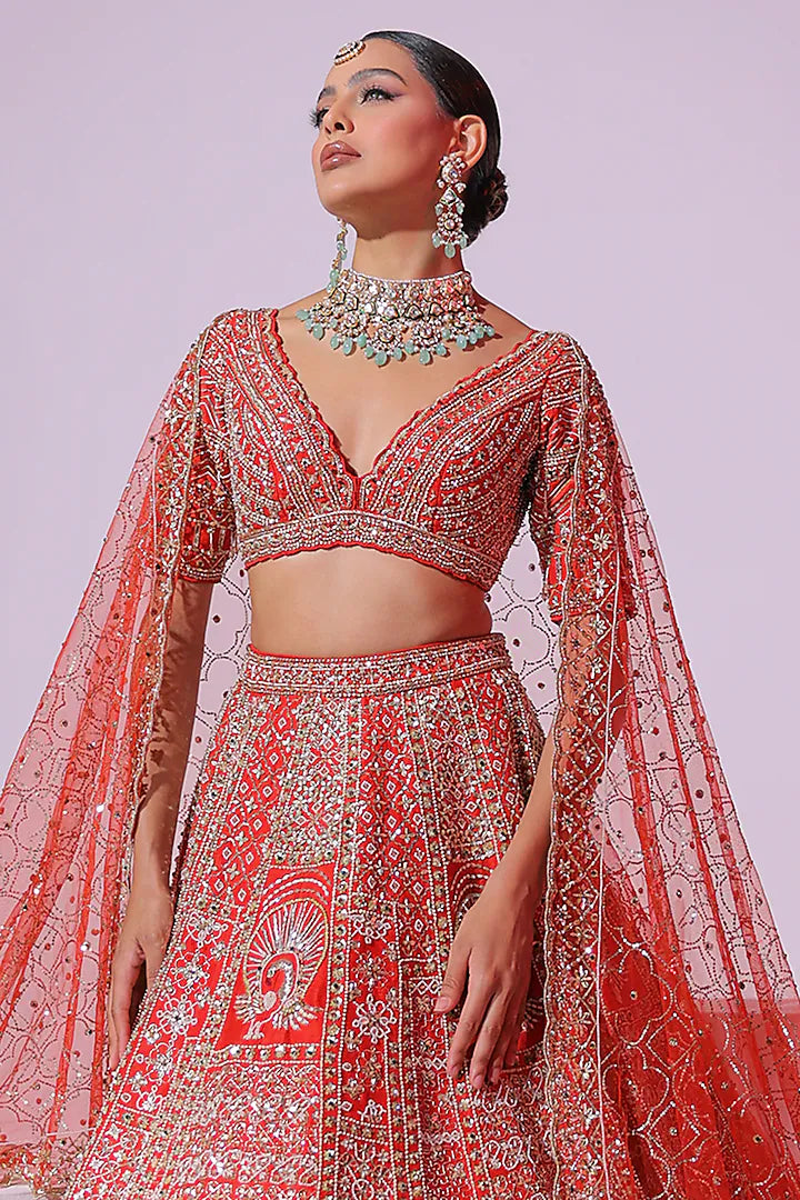 Burnt Orange Raw Silk Sequins & Crystal Embroidered Lehenga Set