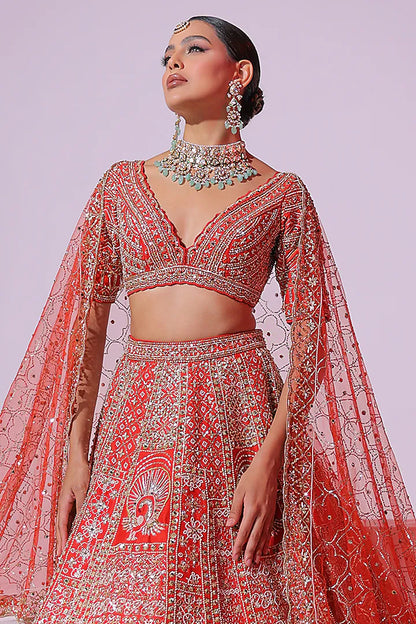 Burnt Orange Raw Silk Sequins & Crystal Embroidered Lehenga Set