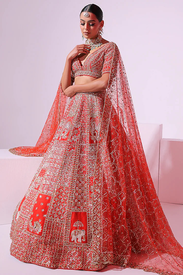 Burnt Orange Raw Silk Sequins & Crystal Embroidered Lehenga Set