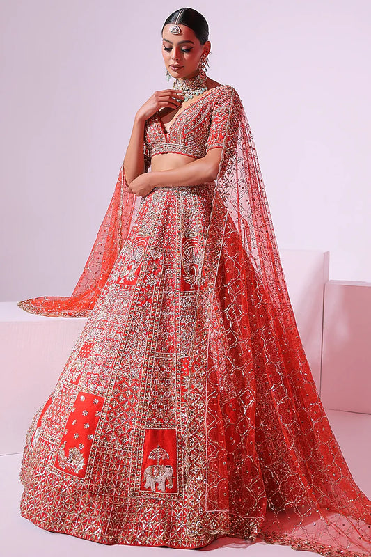 Burnt Orange Raw Silk Sequins & Crystal Embroidered Lehenga Set