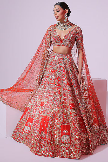Burnt Orange Raw Silk Sequins & Crystal Embroidered Lehenga Set