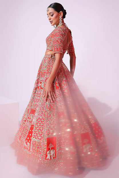 Burnt Orange Raw Silk Sequins & Crystal Embroidered Lehenga Set