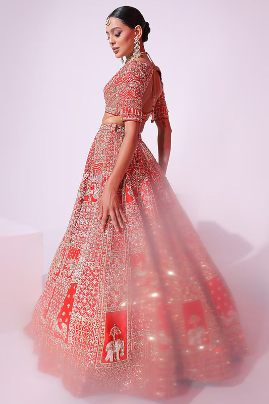 Burnt Orange Raw Silk Sequins & Crystal Embroidered Lehenga Set
