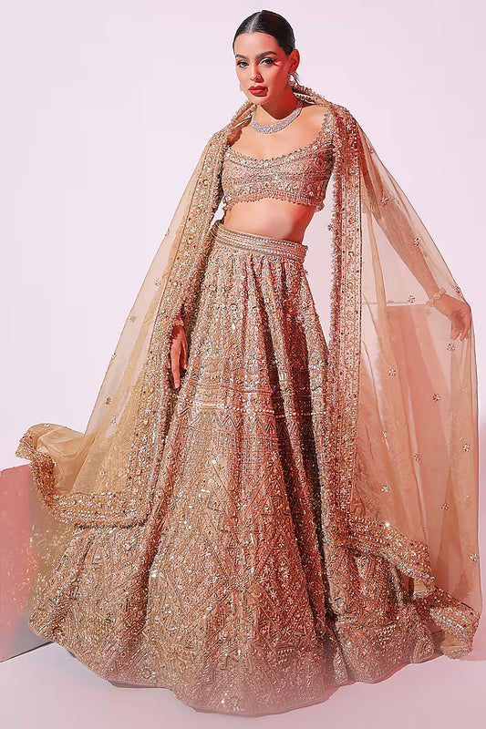 Gold Raw Silk Sequins & Zardosi Embroidered Lehenga Set