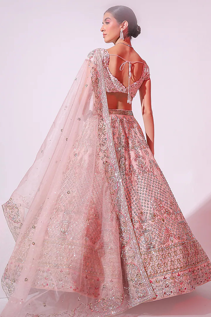 Pink Raw Silk Sequins & Zari Embroidered Lehenga Set