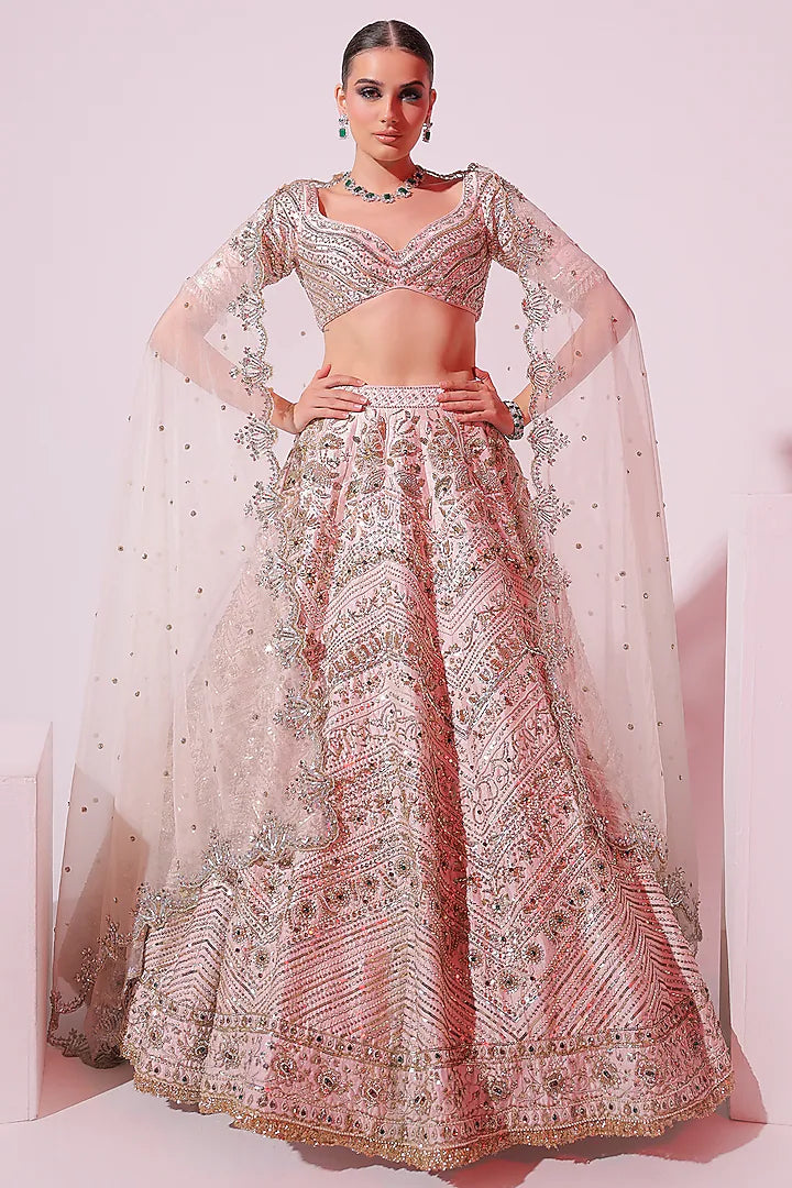 Powder Pink Raw Silk Zardosi Embroidered Lehenga Set