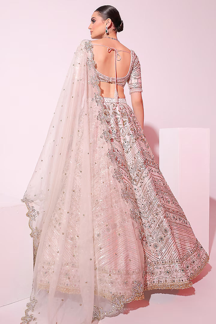 Powder Pink Raw Silk Zardosi Embroidered Lehenga Set