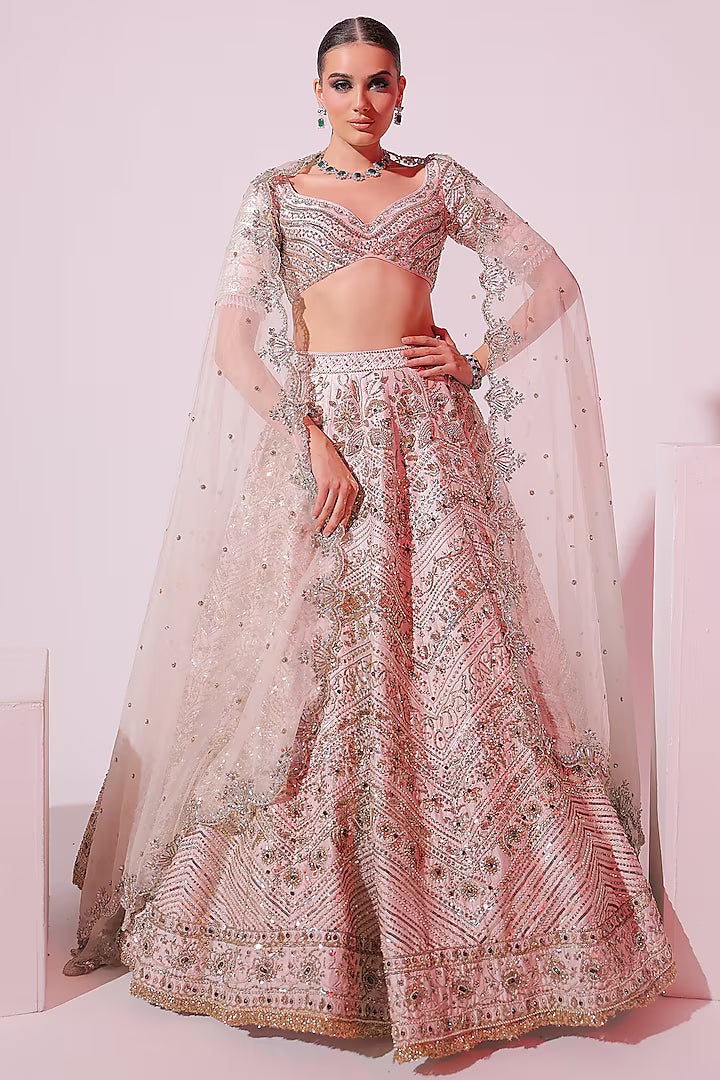 Powder Pink Raw Silk Zardosi Embroidered Lehenga Set