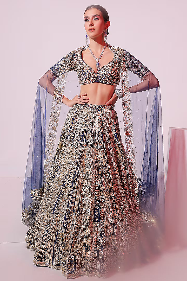 Navy Blue Net 3D Embroidered Lehenga Set