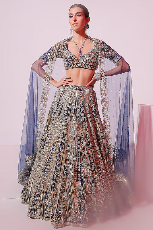 Navy Blue Net 3D Embroidered Lehenga Set