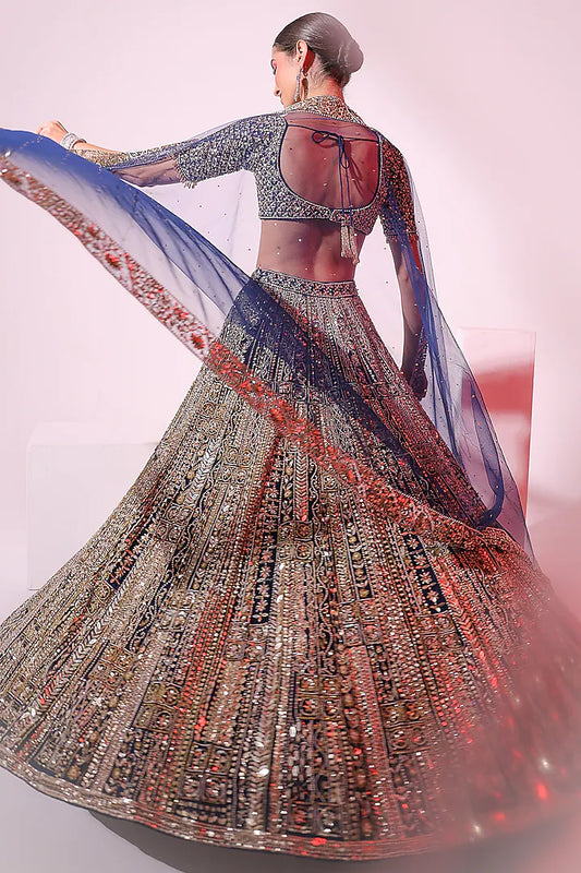 Navy Blue Net 3D Embroidered Lehenga Set
