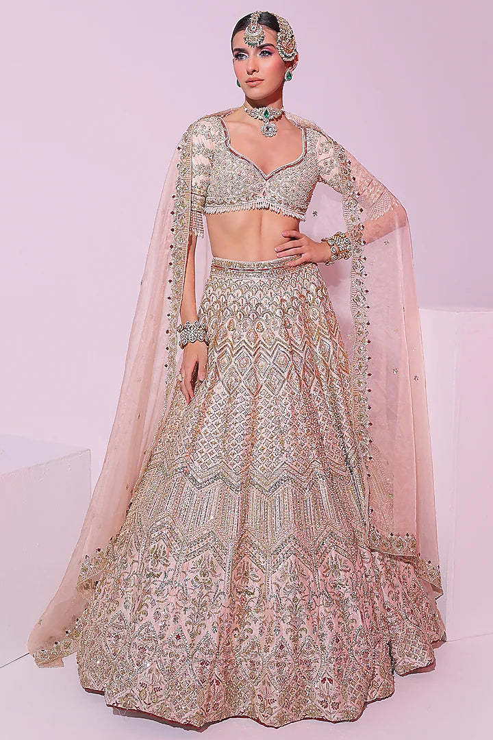 Powder Peach Raw Silk Zari Embroidered Lehenga Set