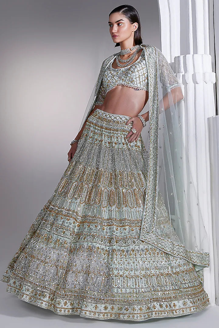 Ice blue net nakshi & crystal embroidered lehenga set