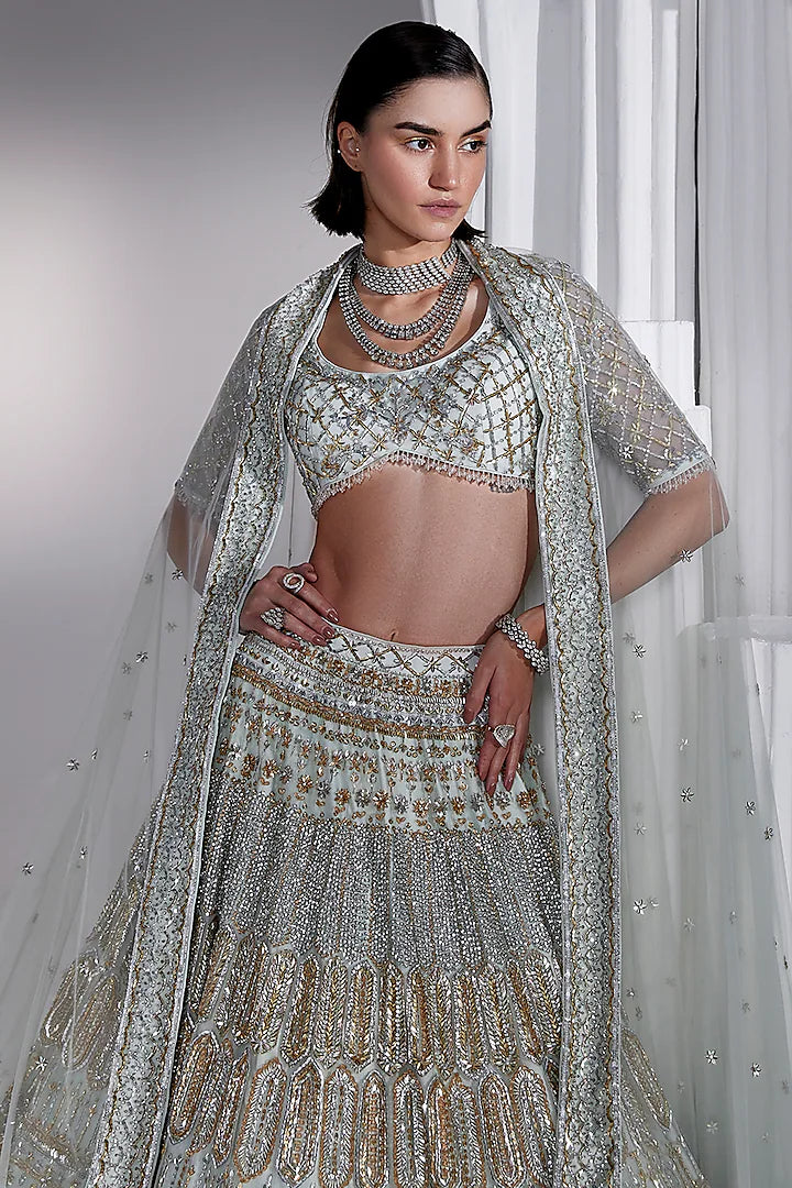 Ice blue net nakshi & crystal embroidered lehenga set
