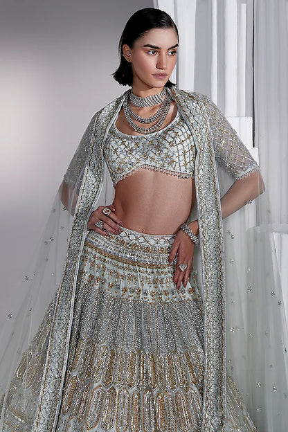 Ice blue net nakshi & crystal embroidered lehenga set