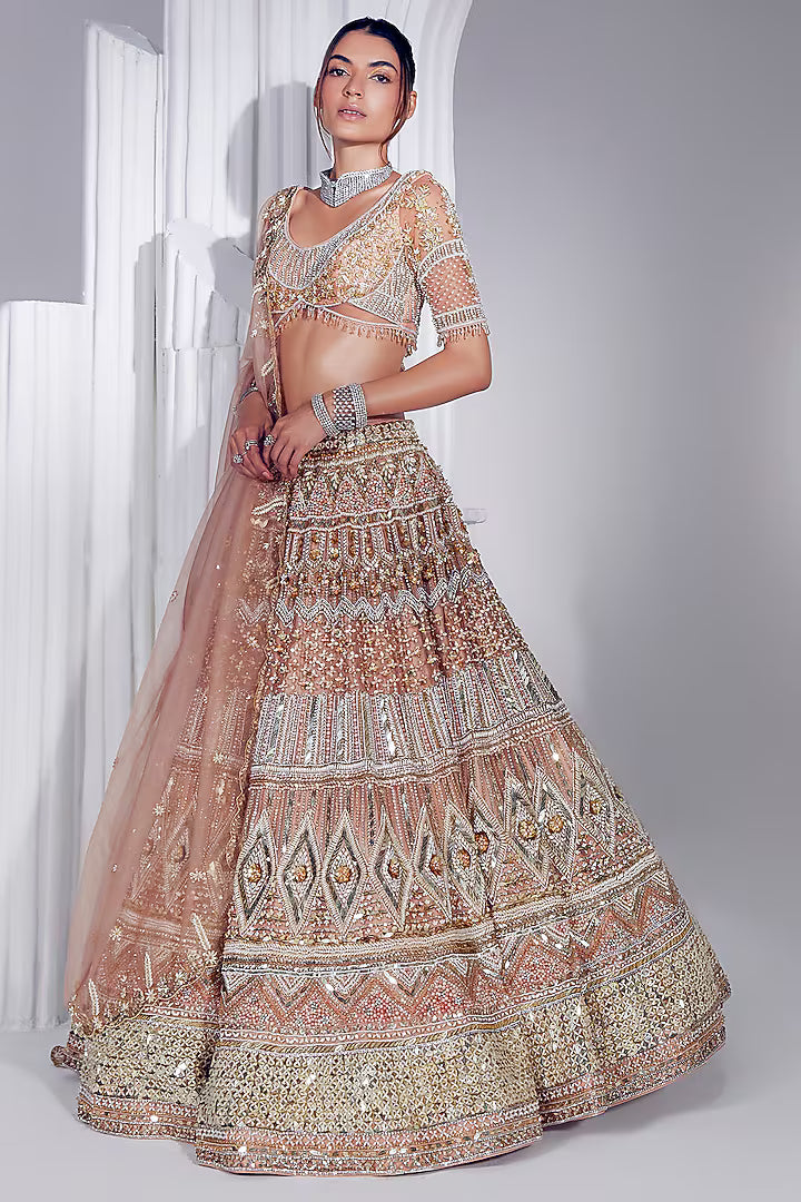 Skin colored net sequins & pearl embroidered lehenga set