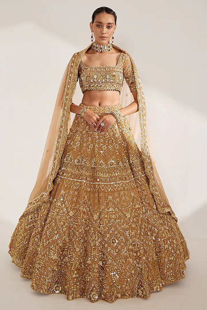 Gold net crystal embroidered lehenga set