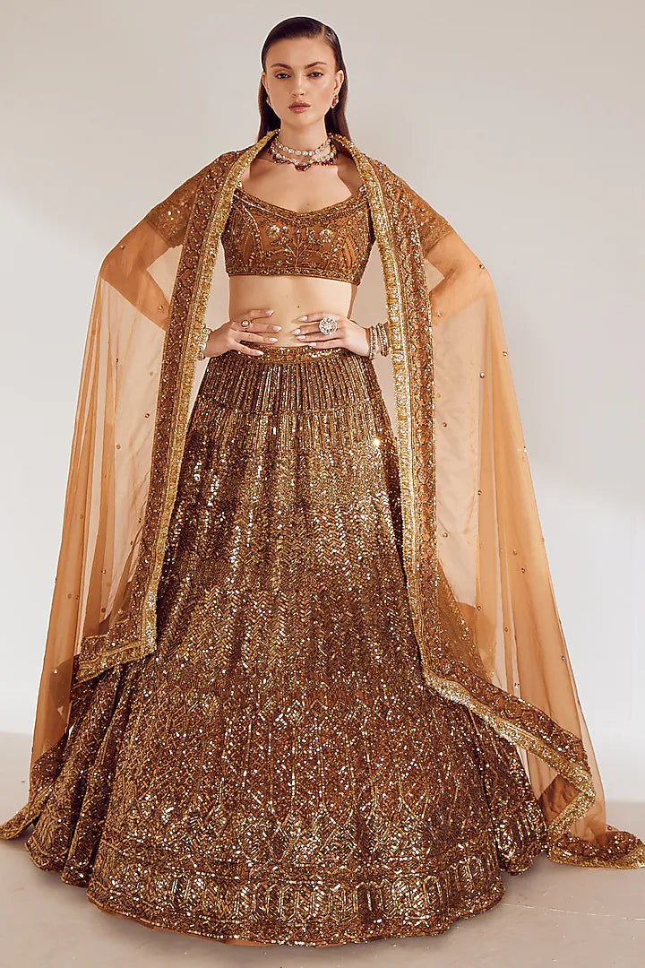 Antique gold net sequins embroidered lehenga set