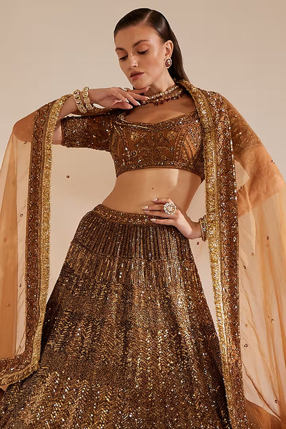 Antique gold net sequins embroidered lehenga set