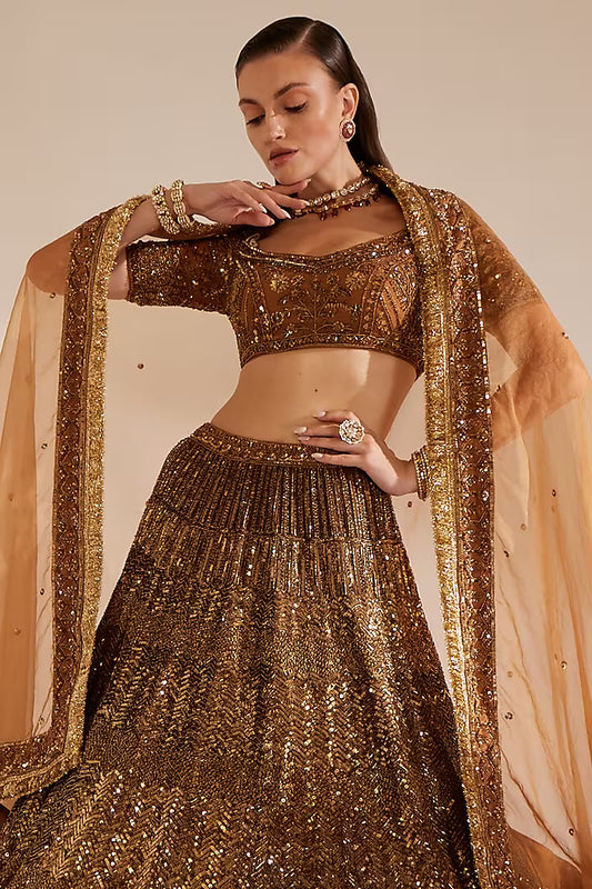 Antique gold net sequins embroidered lehenga set
