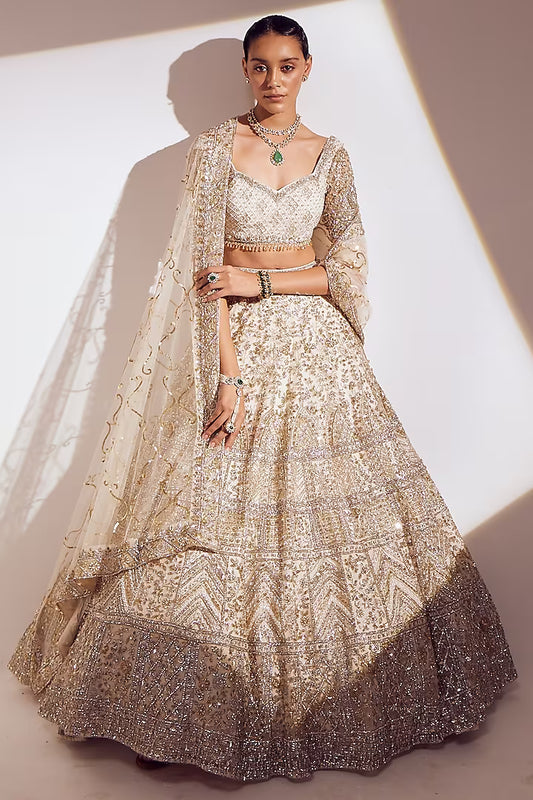 Ivory net sequins embellished lehenga set
