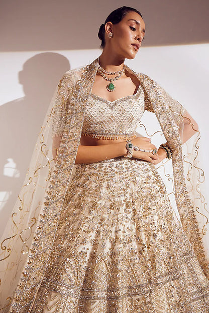 Ivory net sequins embellished lehenga set
