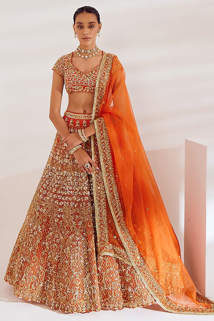 Burnt orange net sequins embroidered lehenga set