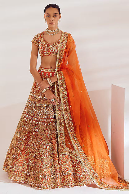 Burnt orange net sequins embroidered lehenga set