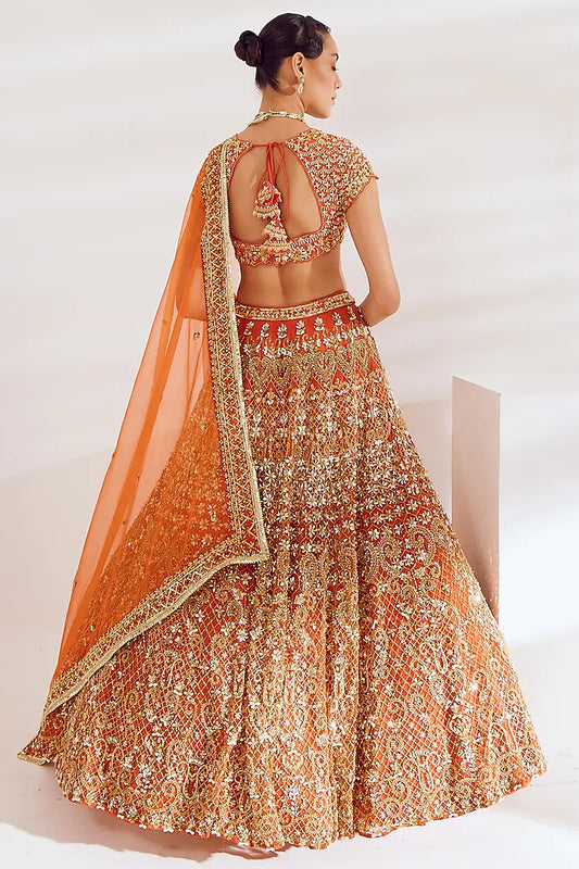 Burnt orange net sequins embroidered lehenga set