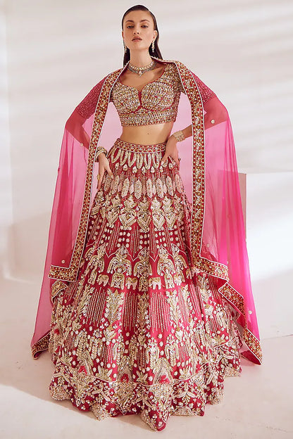 Hot pink net sequins embroidered lehenga set