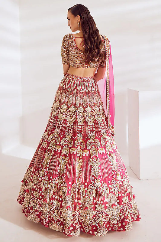 Hot pink net sequins embroidered lehenga set