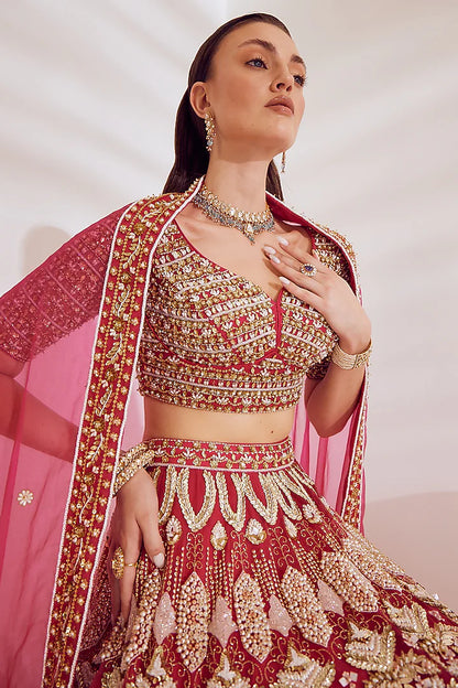 Hot pink net sequins embroidered lehenga set