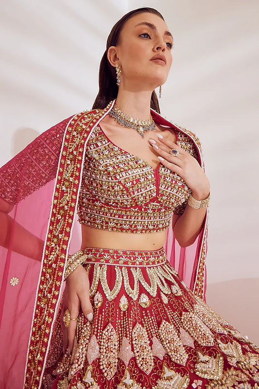 Hot pink net sequins embroidered lehenga set
