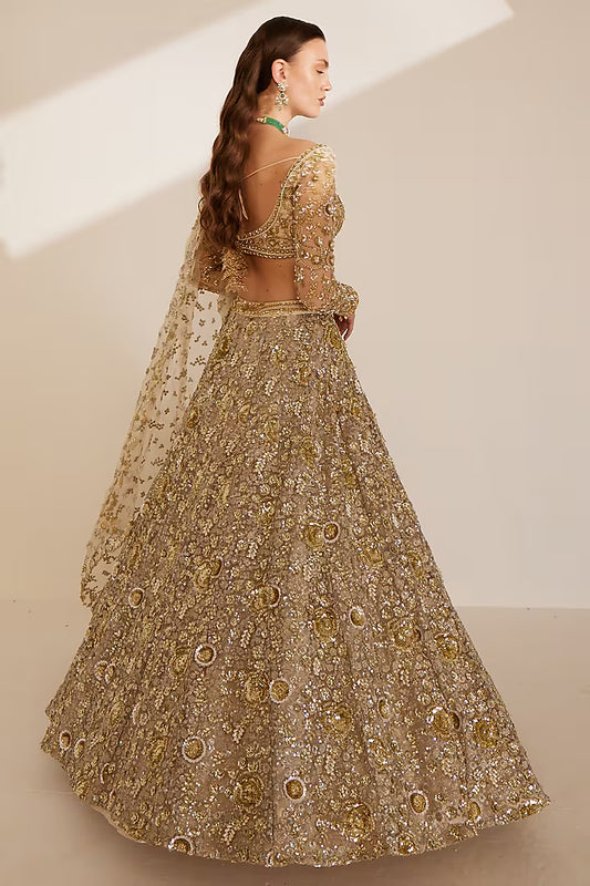 Ivory net sequins embroidered lehenga set