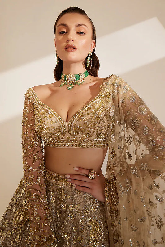 Ivory net sequins embroidered lehenga set