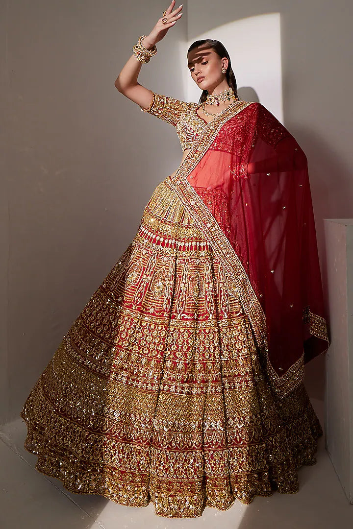 Red net sequins & pearl embroidered lehenga set