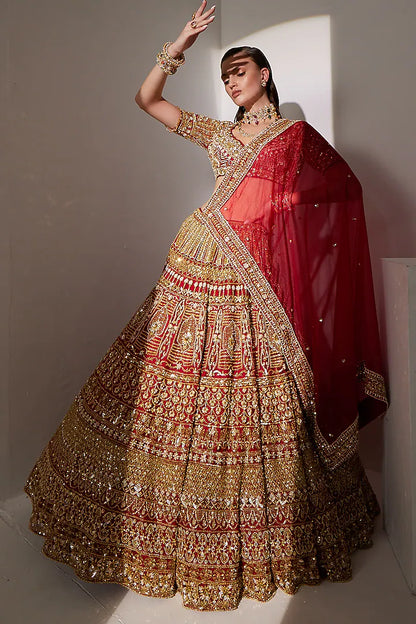 Red net sequins & pearl embroidered lehenga set