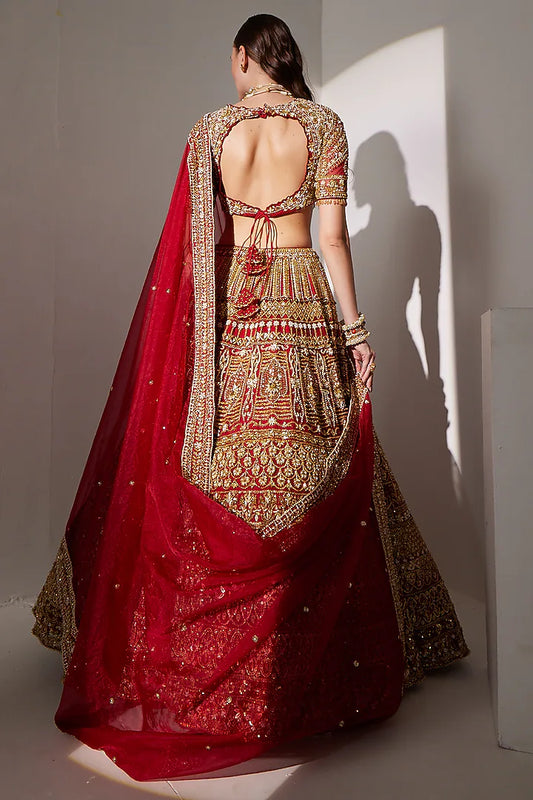 Red net sequins & pearl embroidered lehenga set