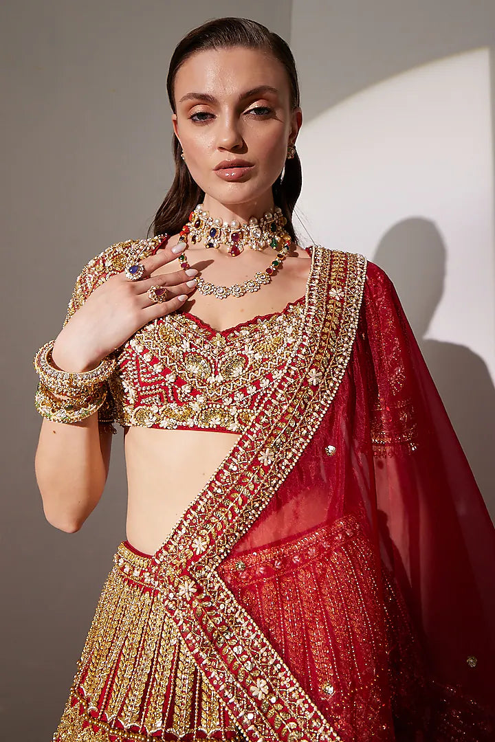 Red net sequins & pearl embroidered lehenga set