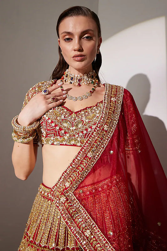 Red net sequins & pearl embroidered lehenga set