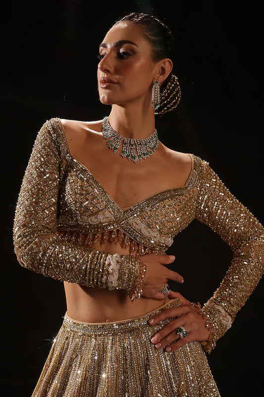 Gold Silk Embroidered Lehenga Set