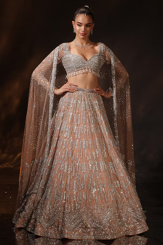 Nude Silk Embroidered Lehenga Set